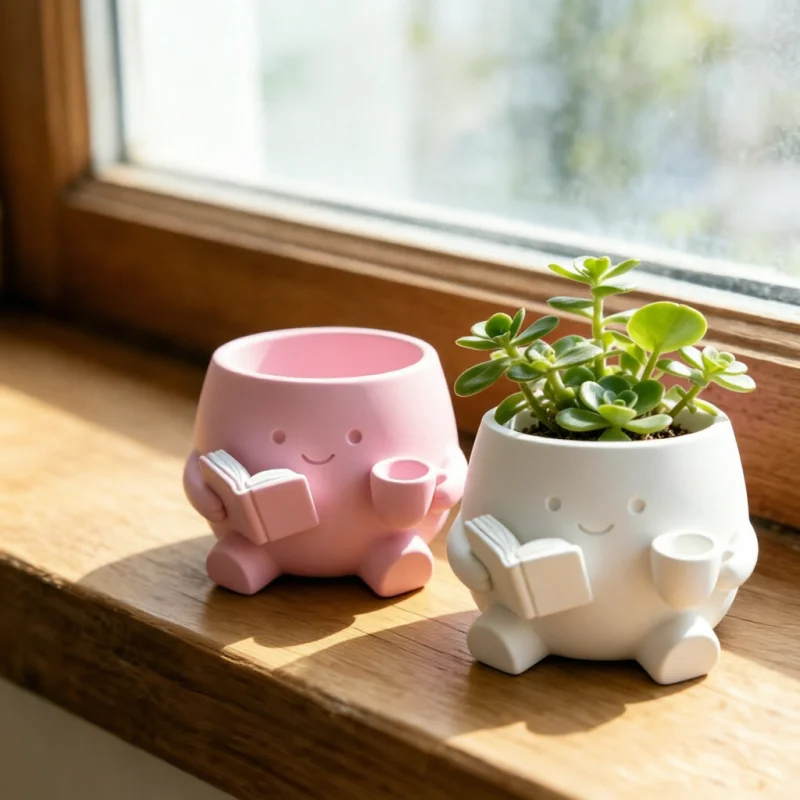 Cartoon Sitting Character Small Flower Pot,Pink White Mini Planter,3D Print For Office Bookshelf Nightstand Table Decor Ornament