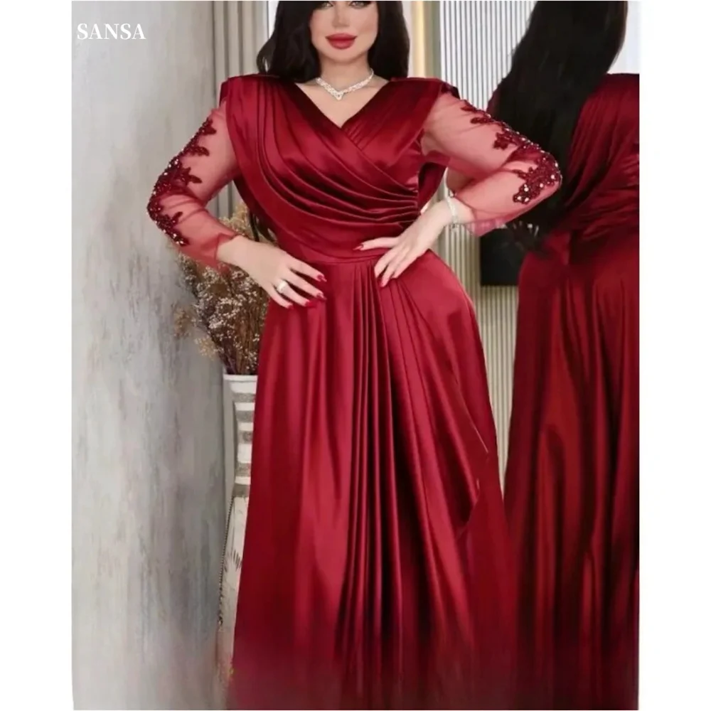 

Sansa Elegant Claret Long Sleeve Party Dresses V-neck Glitter Beading Vestidos de fiesta Satin A-line Floor-Length فساتين سهرة