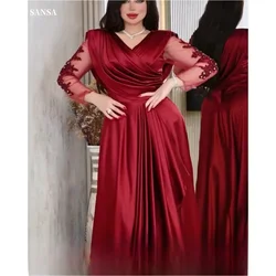 Sansa Elegant Claret Long Sleeve Party Dresses V-neck Glitter Beading Vestidos de fiesta Satin A-line Floor-Length  فساتين سهرة