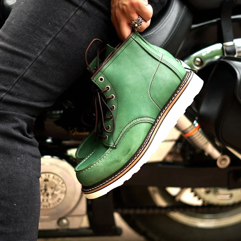 Goodyear-Welted Vintage Genuine Leather Ankle Motorcycle Boots Top Quality Round Toe Men Casual Dress Work Green Boots