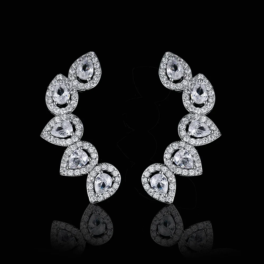 Luxury Water Drop Pear Cubic Zircon Cuff Stud Earrings for Women Fashion Flower Shape Stud Earrings Bridal Wedding Jewelry Gift