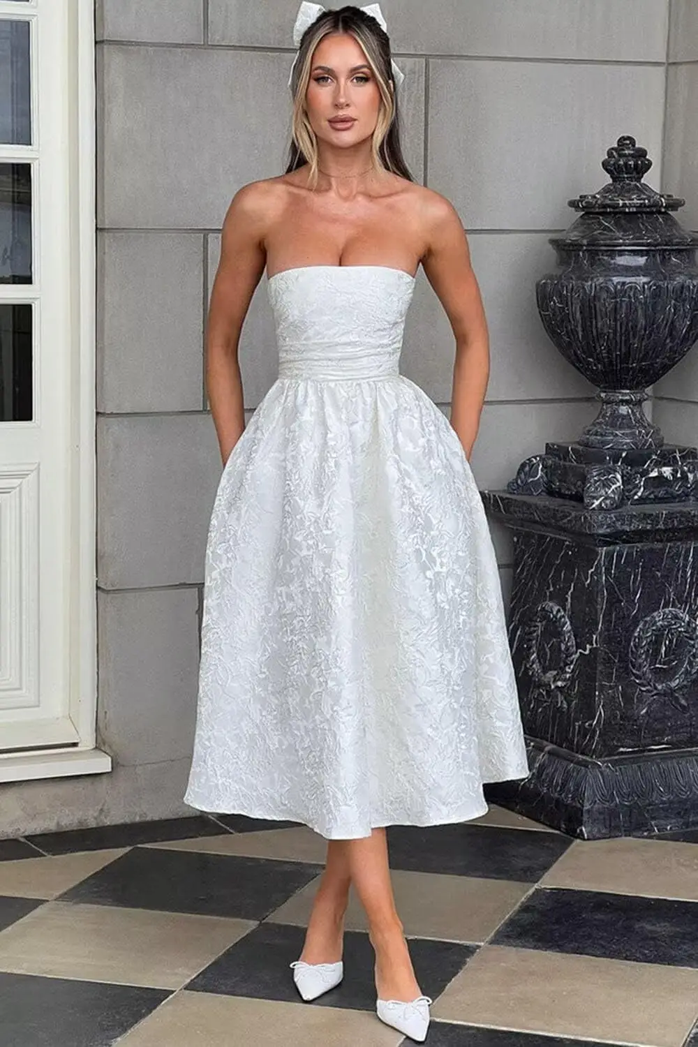 

Strapless Floral Jacquard Satin Midi Tea Length A Line Evening Party Gown Ball Gown Elegant Dress Women for Wedding Party