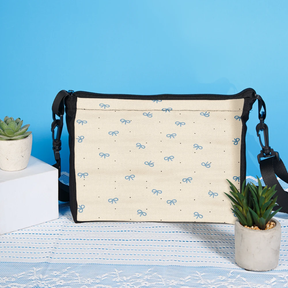 1pc Women Fashion Crossbody Bag Cream Blue Bow Print Shoulder Bags Casual Daily Use Travel Shopping Bag For Women And Girls