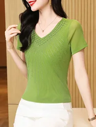 Elegant V-Neck Rhinestone Mesh Short Sleeve T-Shirt Women's Summer 2026 New Base Shirt Inner Wear Fashionable Top