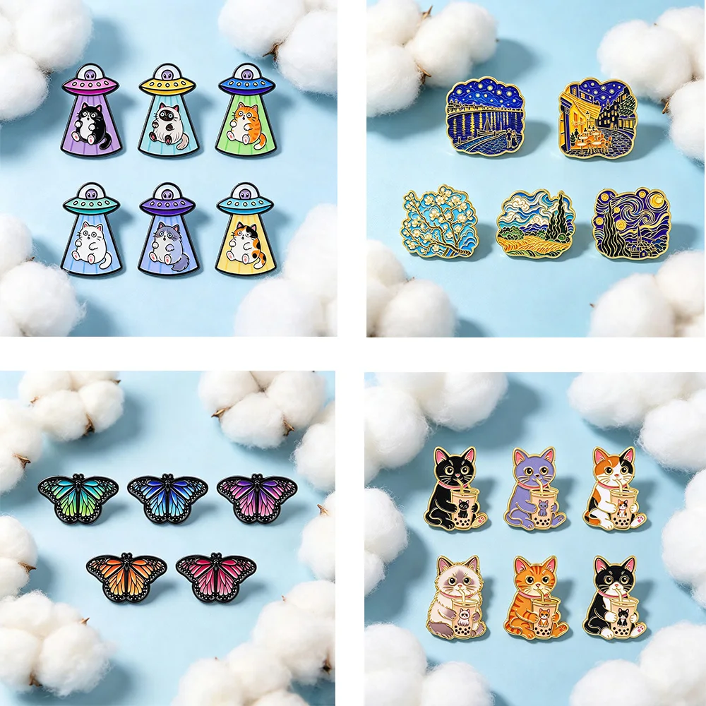 4-6pcs/set Cartoon Enamel Pins UFO Cat Van Gogh Art Butterfly Brooches Cute Lapel Pins Badge for Backpack Clothing Jewelry Gift