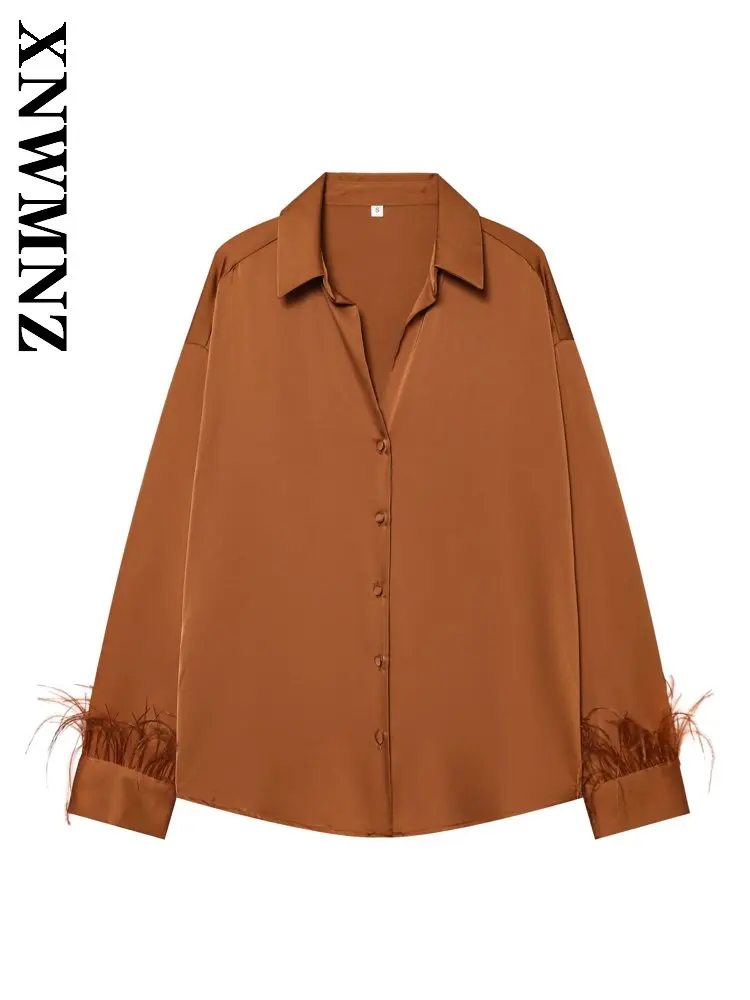 

XNWMNZ 2025, зимняя женская богемная модная атласная рубашка с отложным воротником и длинными рукавами, повседневный клубный осенний женский оранжевый топ для вечеринок