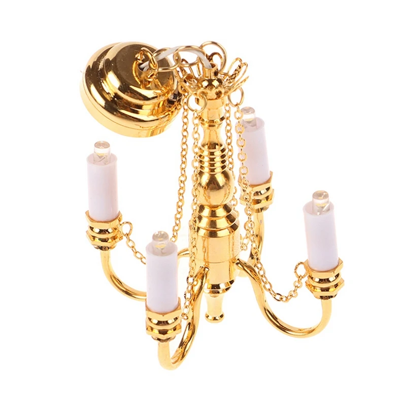 1 Piece 1:12 Dollhouse Mini 4 Arm Ceiling Lamp Chandelier LED Lamp Dollhouse Decoration Gold