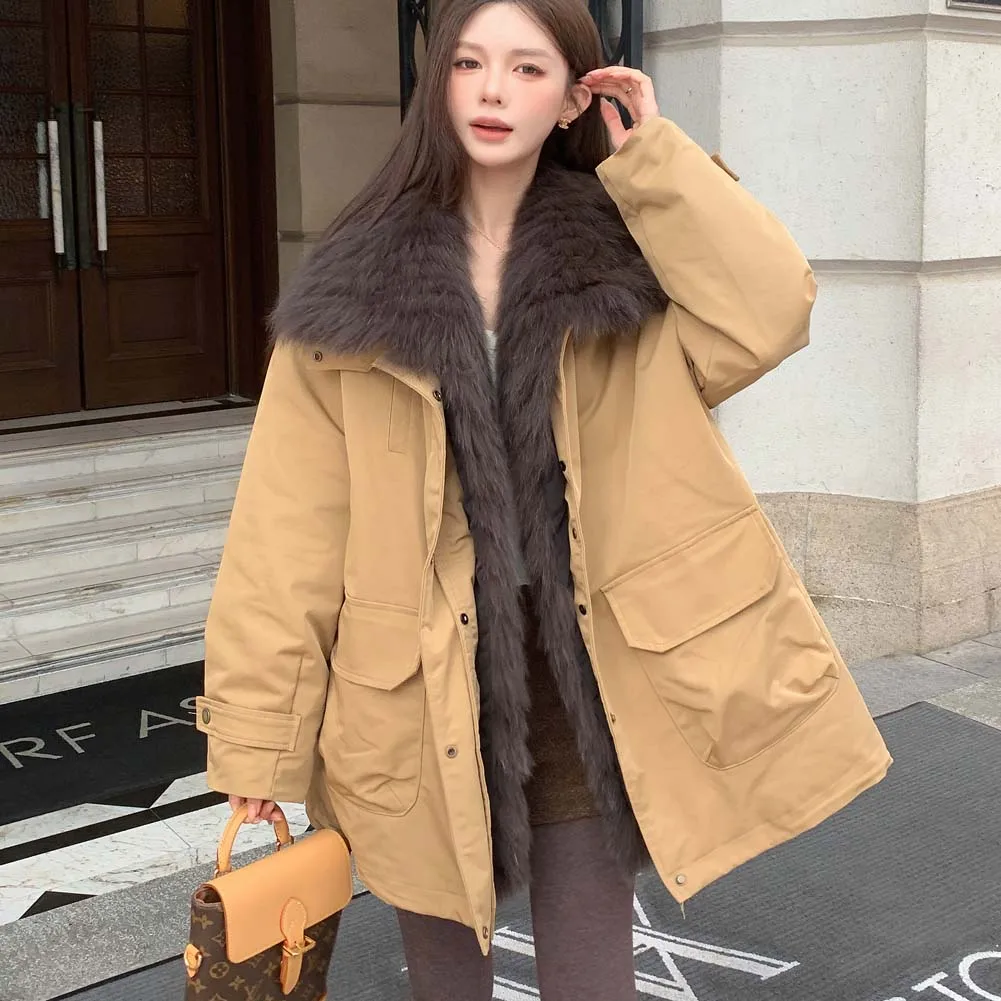 Winter Weibliche Straße Tragen Dicke Jacken Mit Kapuze Chic Casual Plüsch Frauen fuchs pelz kragen gänsedaunen pelzmantel