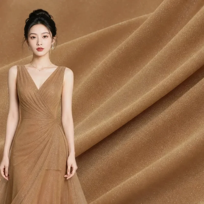 1 Meter Chiffon Fabric Caramel Base Silver Foil Glitter Sparkly Shiny Semi Shirt Dress Apparel Sewing DIY Material Wholesale