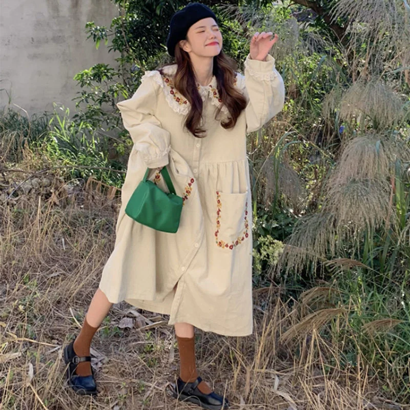 

plus Size 300 Pou Sweet Ins Doll Collar Embroidered Corduroy Dr Women's Autumn Versatile Midi Skirt Korean Sle Straig...