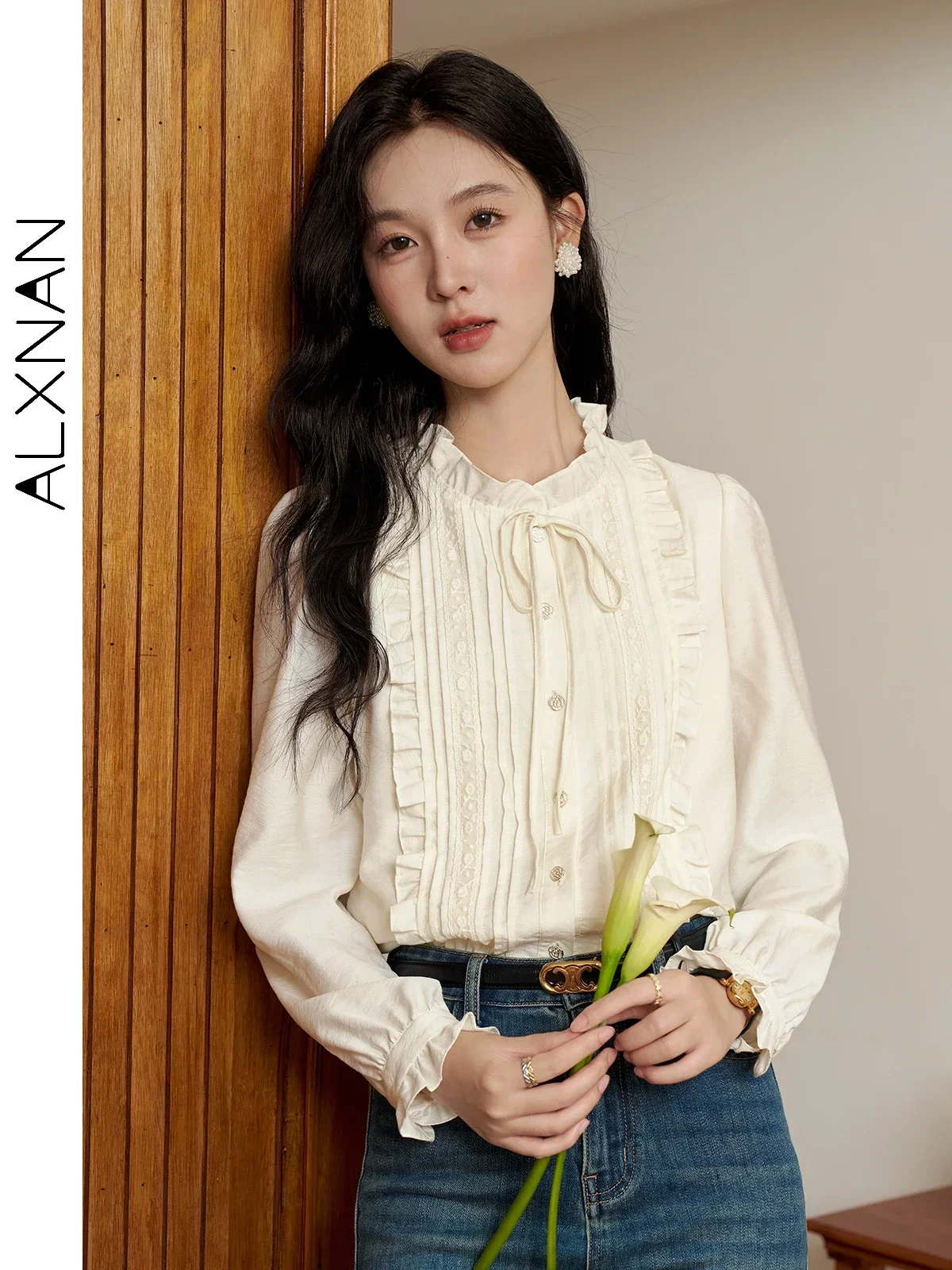 

ALXNAN Women's Shirt 2025 Autumn Winter New Lace-up Ruffled Collar Button Down Blouses Long Sleeve Casual Female Tops L39905