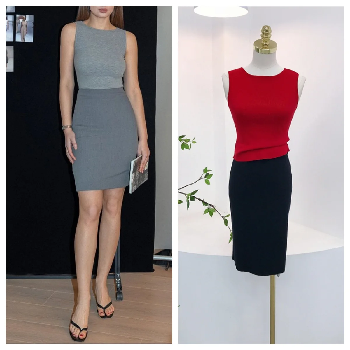 7604 14 Igłowy szew okrągłego dekoltu, bez rękawów, ukrywający bok piersi, regularne ramiączka, nieregularny top na ramiączkach + elastyczna spódnica z rozcięciem i elastyczną talią