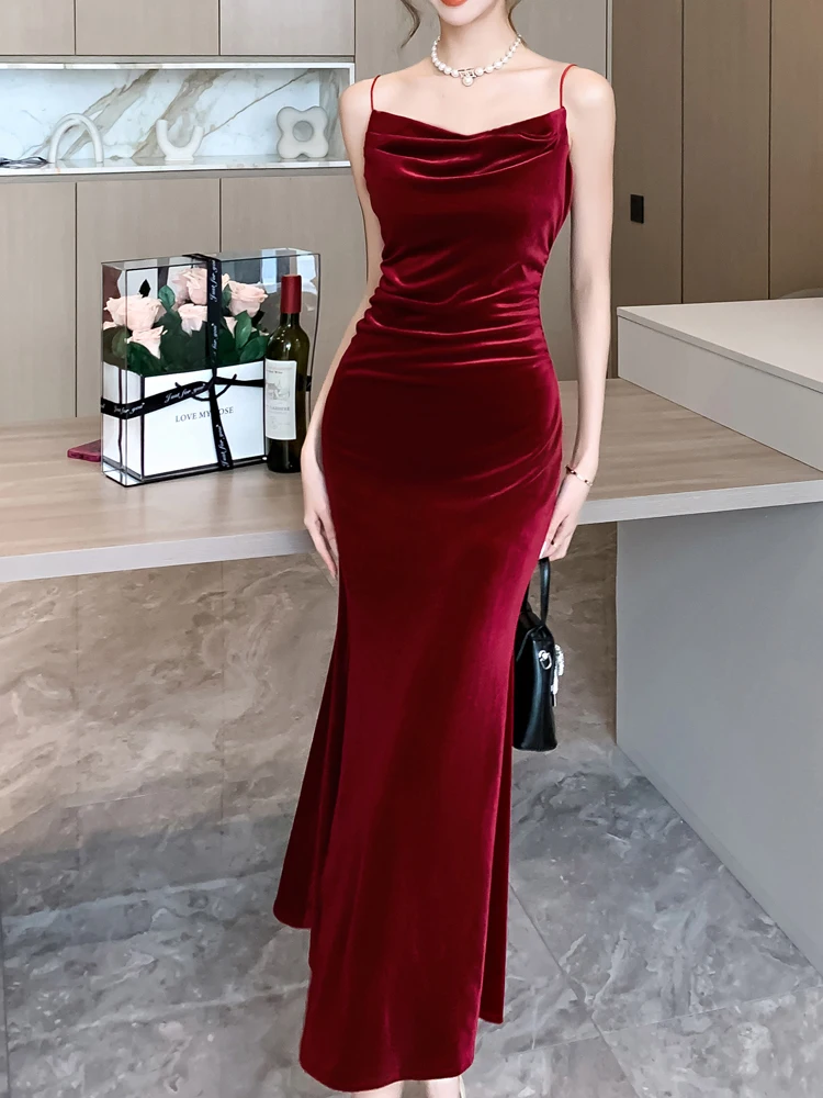 Sexy Vintage Split Velvet Spaghetti Strap Midi Dresses for Women Korea 2024 Summer French Elegant Wedding Party Female Clothing