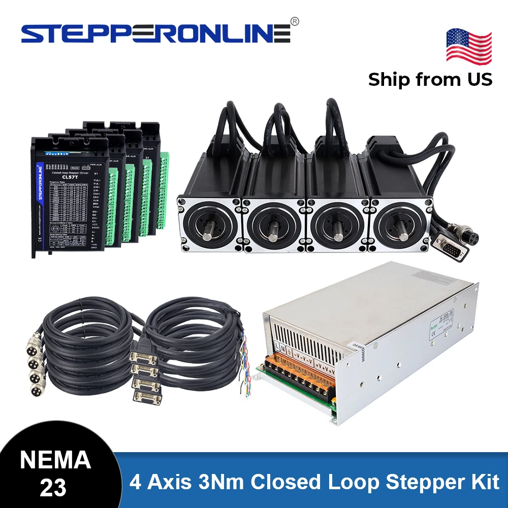 STEPPERONLINE Nema 23 4 Axis Closed Loop Stepper3Nm(425oz.in) and CL57T Servo Driver Kit with 500W Power Supply US ship