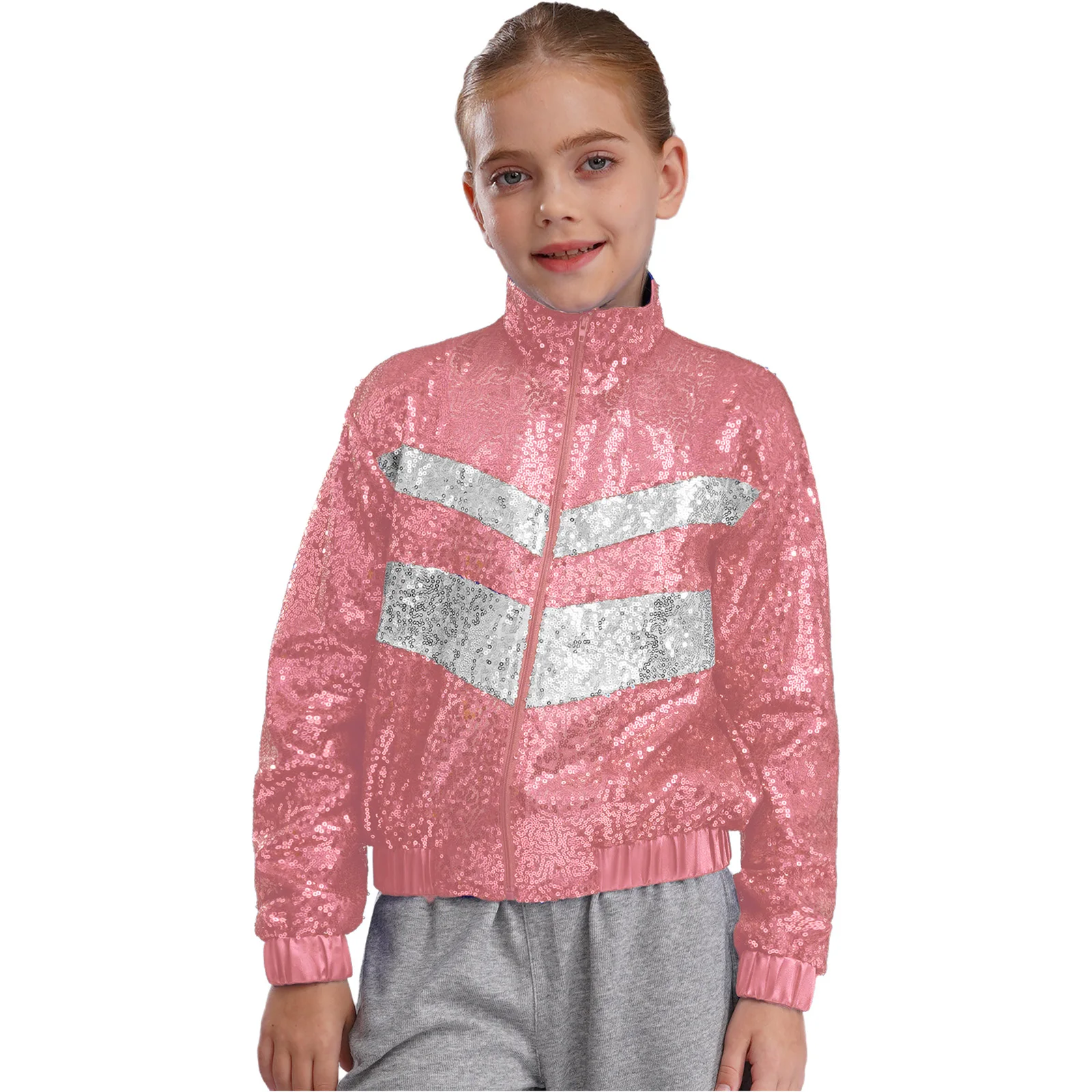 Sequins Coat Kids Girls Jazz Chacha Dance Performance Costume Color Block Glittery Sequins Jacket Coat Shiny Cool Outerwear