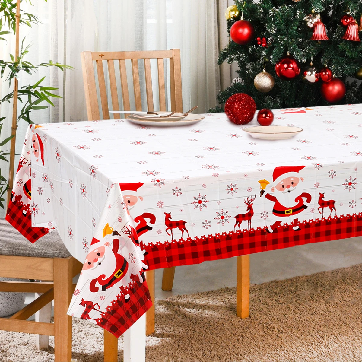 Merry Christmas Santa Claus Elk Rectangle Tablecloth Dining Room TableDecor Waterproof Holiday Party Decor Tablecloth for Home