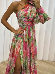 Women Loungewear One Off Shoulder Holiday Dress, Skew Collar Fashion Long Sleeve Party Dress, Patchwork Print Ladies Maxi Dress