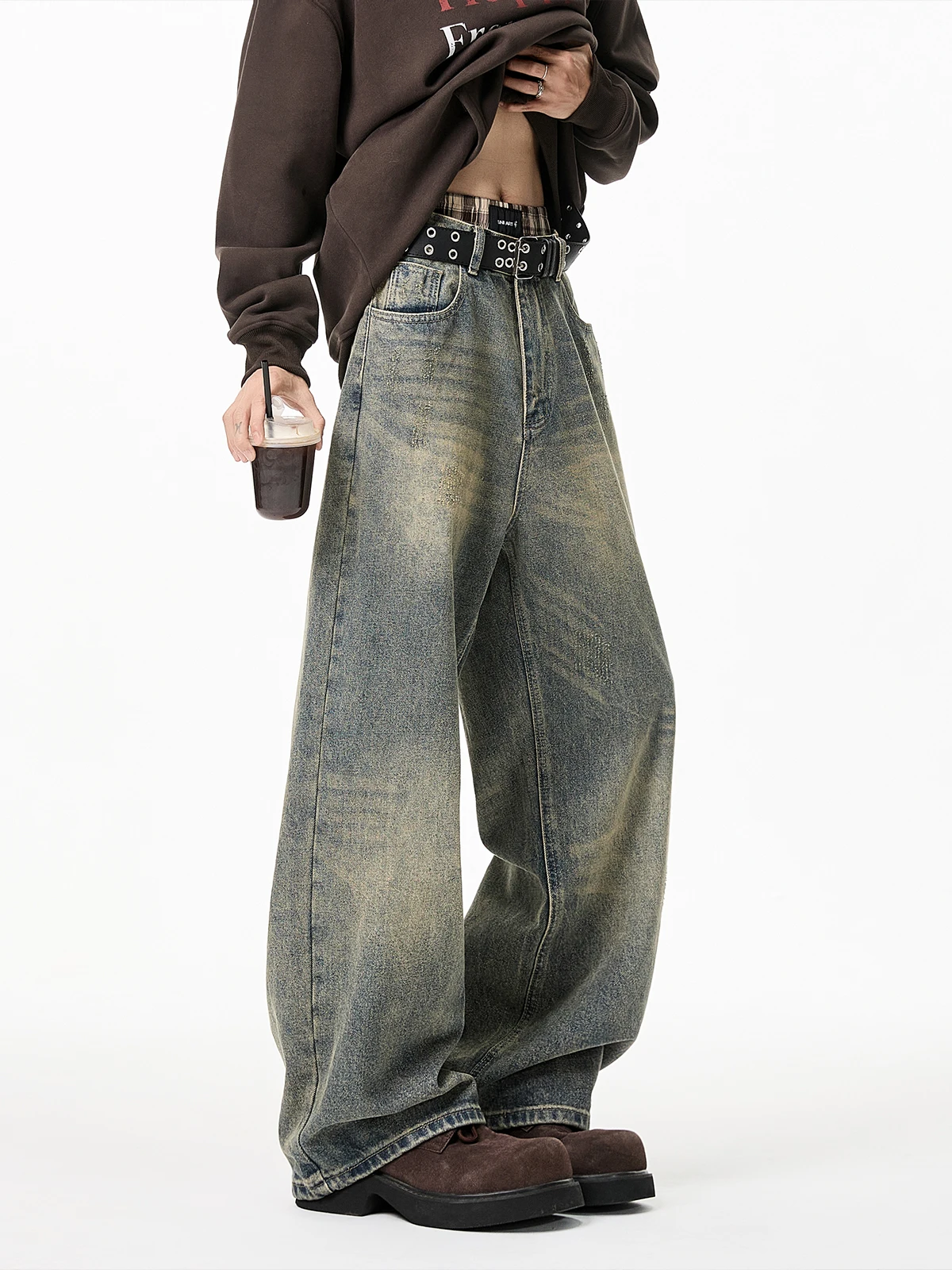 

American Waed Men's Wide Leg Knife Jeans Thi Straight Loose Long Trousers Retro Spring Autumn Wear Resistant Cotton Polye...