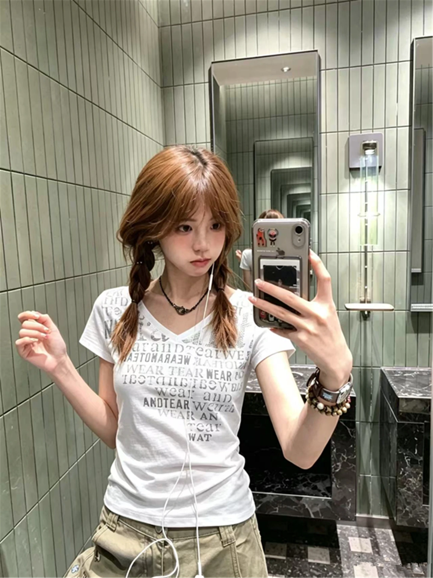 American Style Short Sleeve T-Shirt Women Summer Letter Print round Neck V-Neck Two-Way Wear Slim Fit Breathable Casual Top