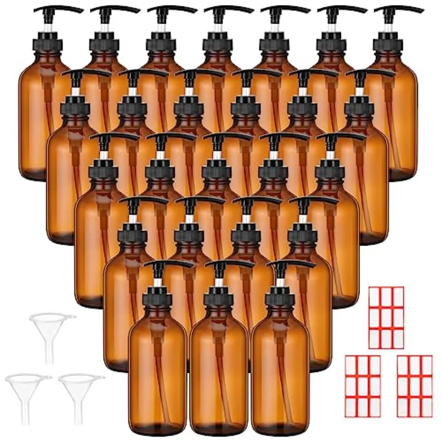 

24 Pcs 8 oz Glass Pump Bottle Empty Bottle Glass Soap Dispenser with Pump Refillable Containers and Labels Funnels for Essentia