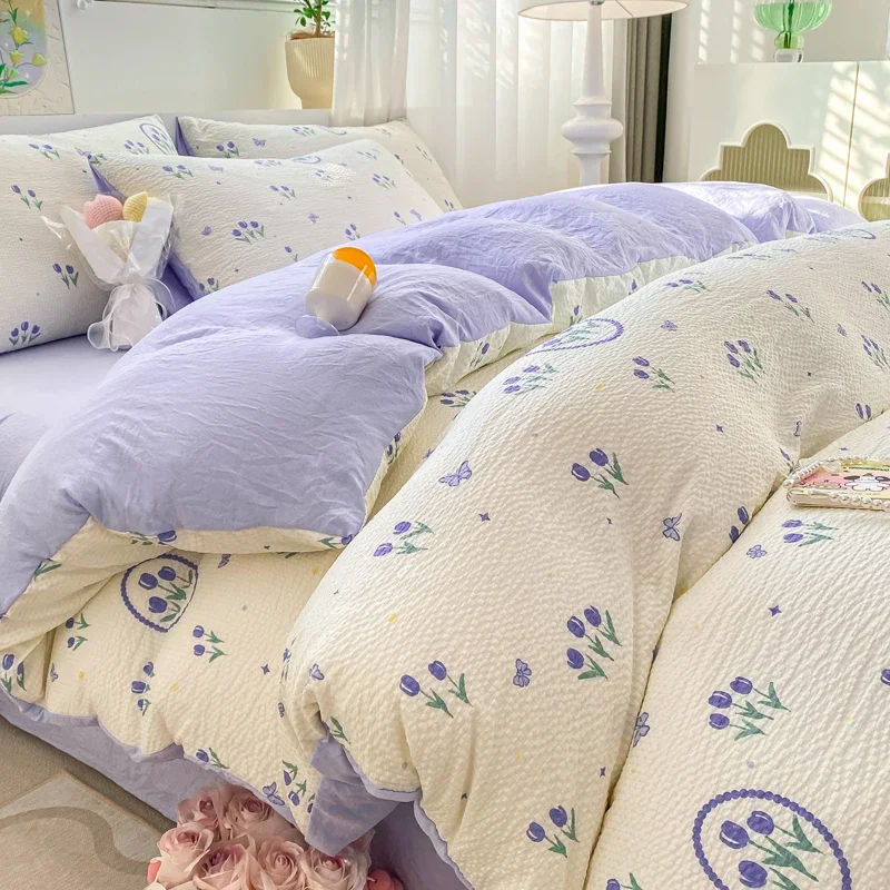 Romantic Tulip Purple Bedding Set Bed Flat Sheet Pillowcase Twin Full Queen Princess Bed Linen Kids Girls Floral Duvet Cover