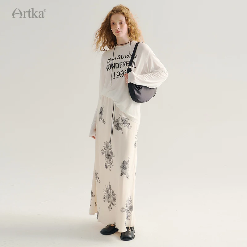 ARTKA 2024 Early Autumn New Women Skirt Fashion Designer Flower Print Long Skirt Elastic High Waist Straight Skirts QA92540Q