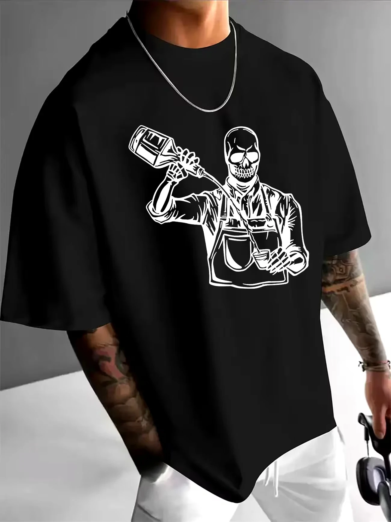 Funny Skull Bartender Meme Men's T Shirt Women Cotton Tee Summer Spring Novelty Oversized Streetwear Ironic Humor Weirdcor Gift