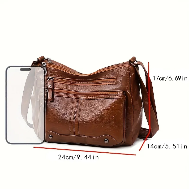Ins Hot Retro Damen-Umhängetasche aus Leder mit Used-Look, Crossbody-Tasche mit mehreren Reißverschlusstaschen, trendige, geräumige, verstellbare Schultertasche – Detail 7