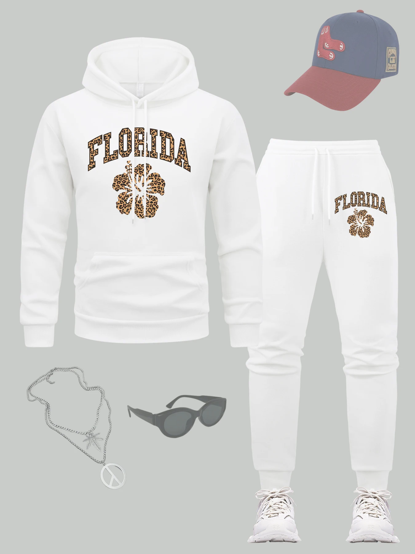 

Florida Flower Printed Hoodie Set Men Fashion Pocket Sweatpant Fleece Autumn Pullover Male All-Match Loose Clothing Sets