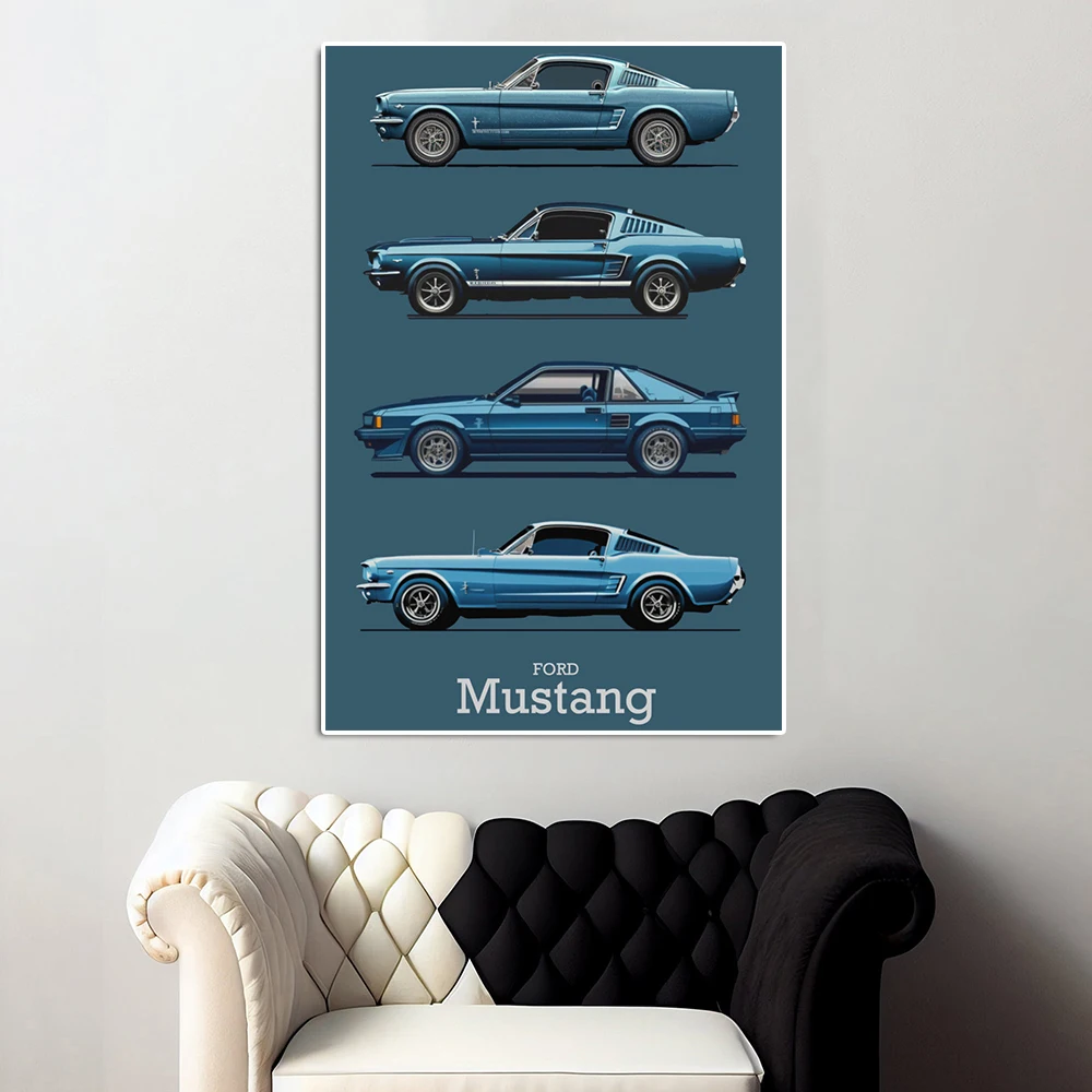 Classic Mustang Sports Car Evolution Poster Vintage Muscle Racing Canvas Painting Supercar Comic Wall Art Print Room Decor Gift