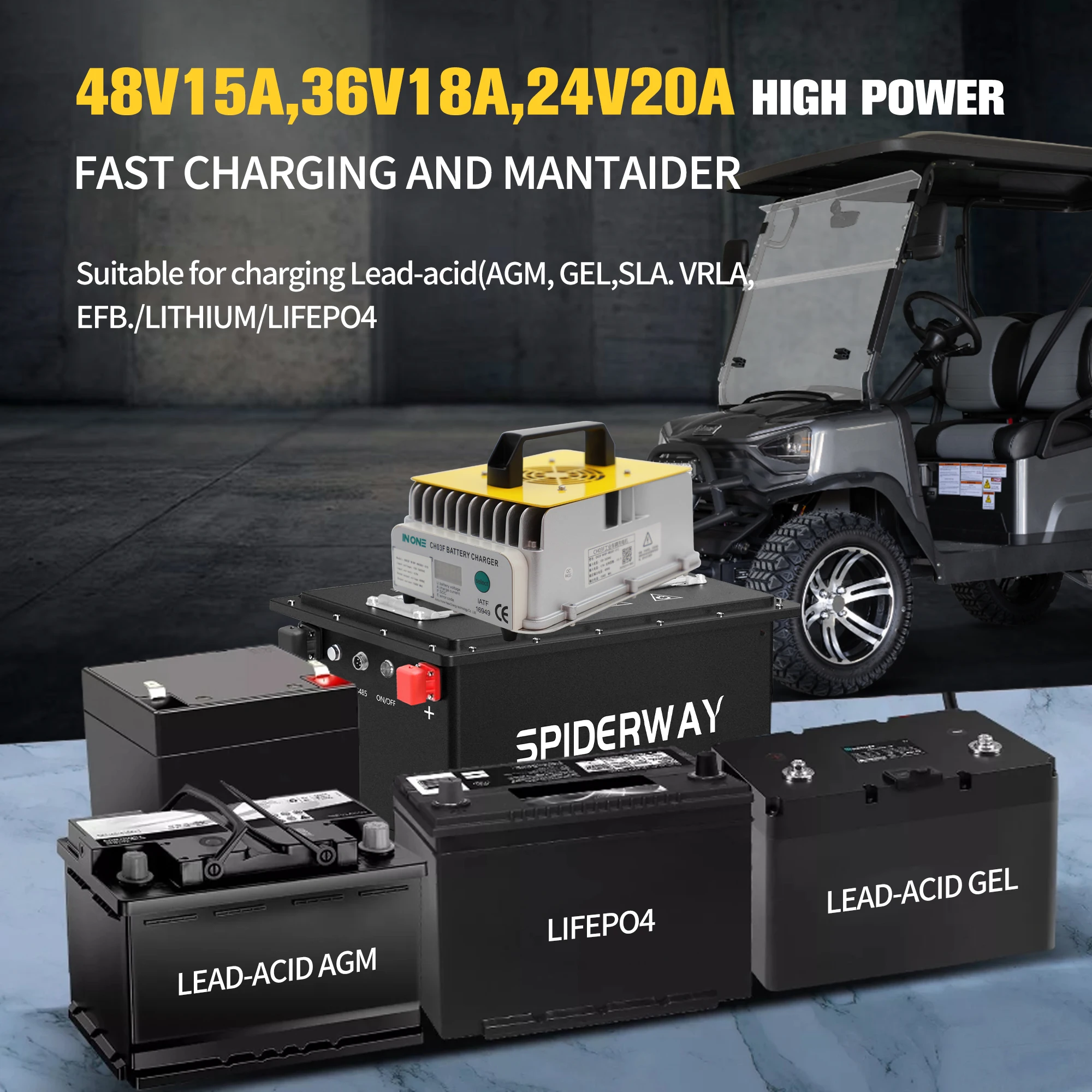 Club Car EZGO TXT & RXV Universal 6 em 1 Carregador de bateria para carrinho de golfe 15A 48V/18A 36V para modos de carga de chumbo-ácido/lítio