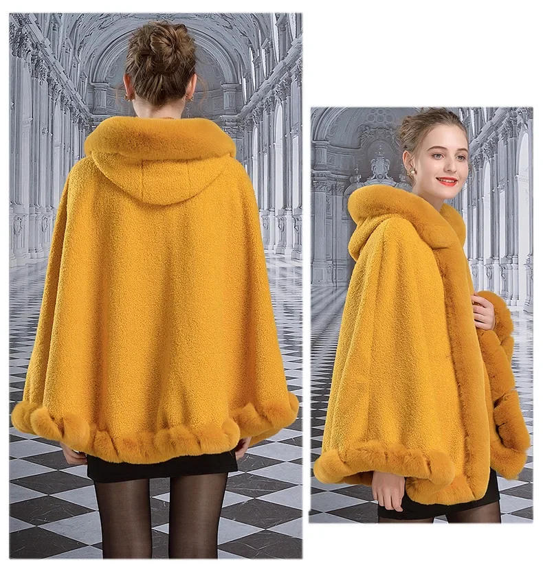 Manteau Poncho avec Chapeau pour Femme, Col en Fourrure de Lapin, Grand Pendule, Outstreet, Chaud, Velours Granulaire, Châle Épais, Hiver