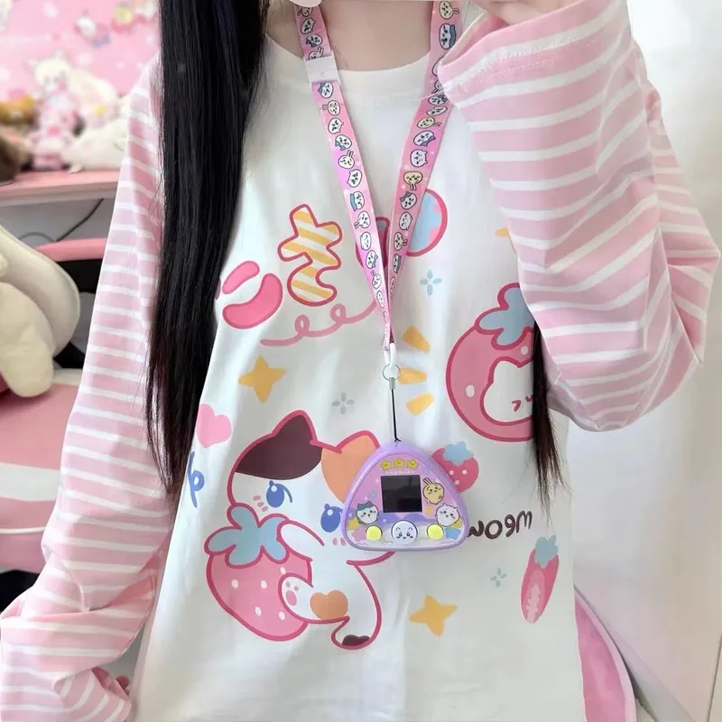 

Japan Kawaii Girl Cartoon Print Soft T-shirt Patchwork Pink Stripe Long Sleeve Tops Sweet Cute Y2k Harajuku Lolita ABDL Tshirts