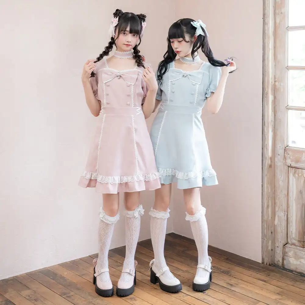 Japanese Heavy Industry Lolita Elegant Dress Women Lace Stitching Bow Slim Pink Dresses Office Lady A- Line Dress Y2k Neck Brace