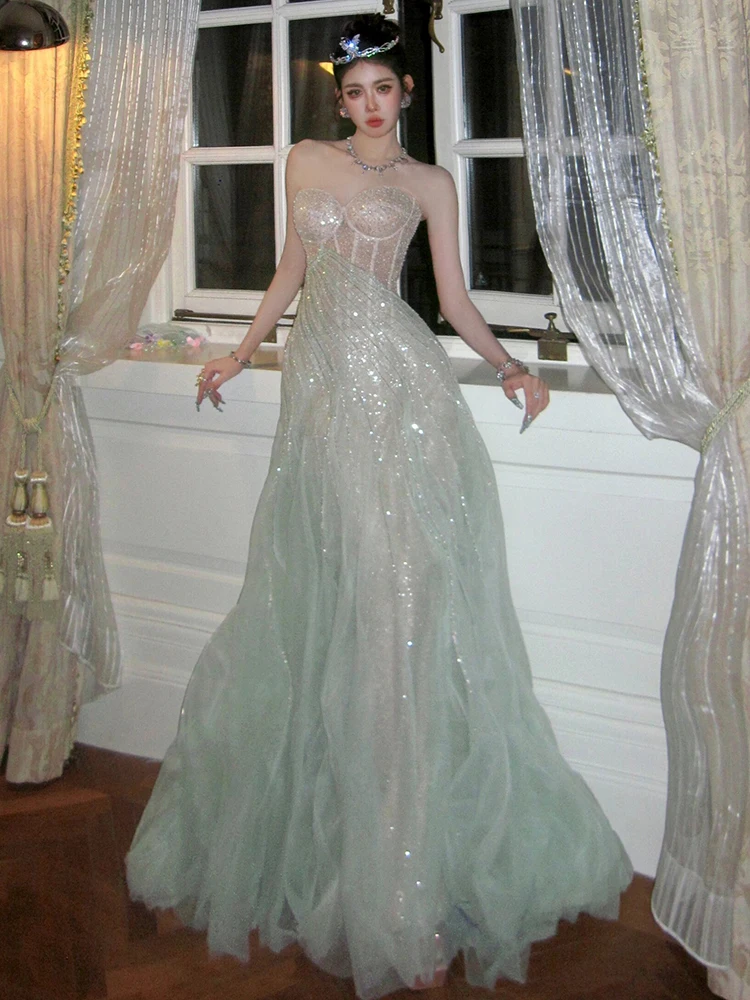 Ele Long Evening Gown with Strapl Design for Par Wedding Performance Fairy Sle Forest System Adult Ceremony