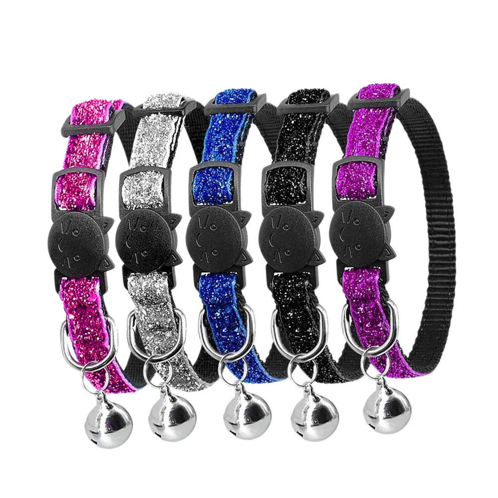 

5Pcs Sparkling Cat Collar Quick Release Buckle Bells D Ring Id Tag Pet Supplies Safe Kitten Necklace Pet Collar