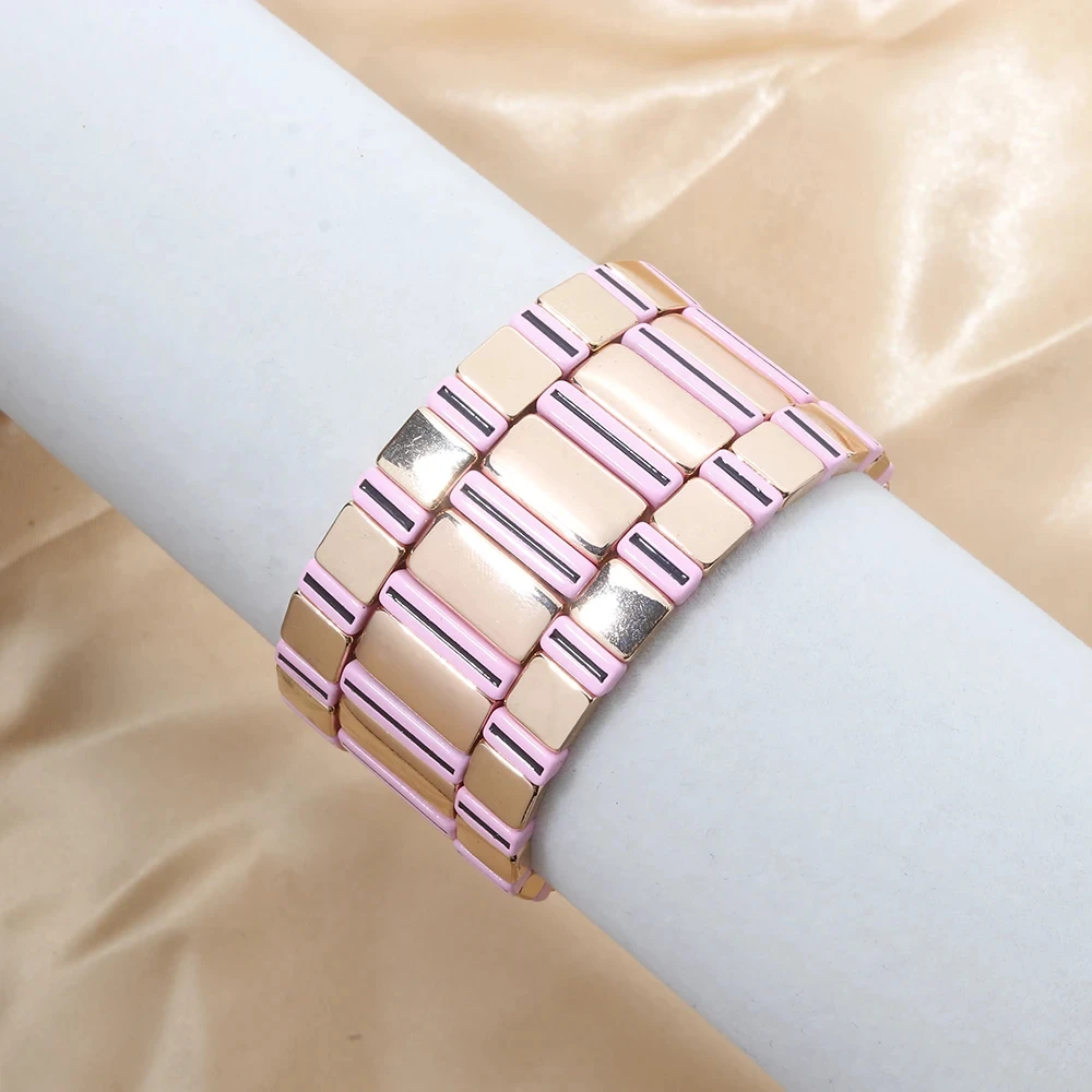 Pink Gold Beaded Bangle Rectangle Shape Beads Elastic Bracelets For Women Drop Oil Waterproof Hand Girl Decoration