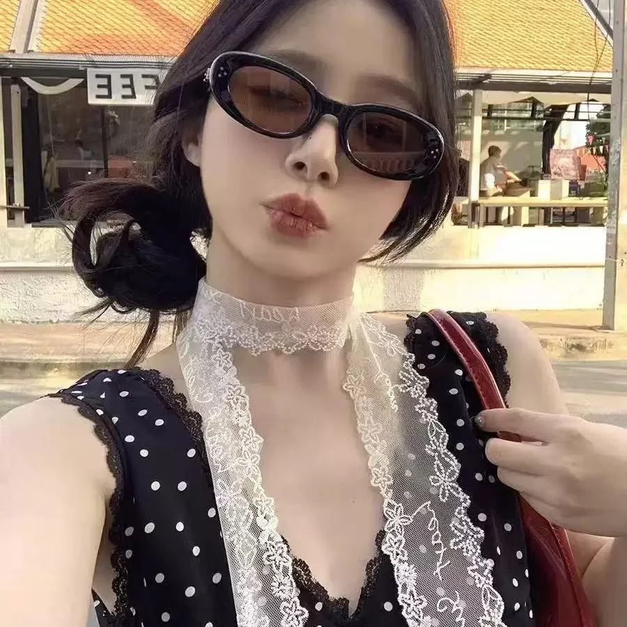 

French Black White Lace Thin Narrow Hair Band Silk Scarf Belt Multi Use Versatile Neck Tie Decorative Scarf with Jacquard Craft