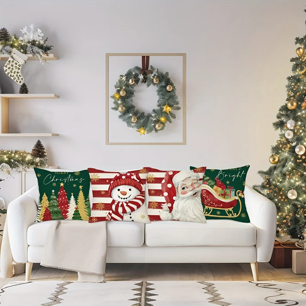 4pcs Christmas Throw Pillow Covers 18x18 Inch Festive Xmas Tree, Snowman, Santa Sleigh Designs with Merry Christmas Bright