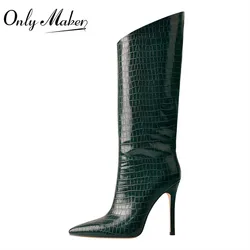 Onlymaker Women Concise Green Patent Leather Knee High Long Boots Pointed Toe Stiletto High Heels Crocodile Print Boots