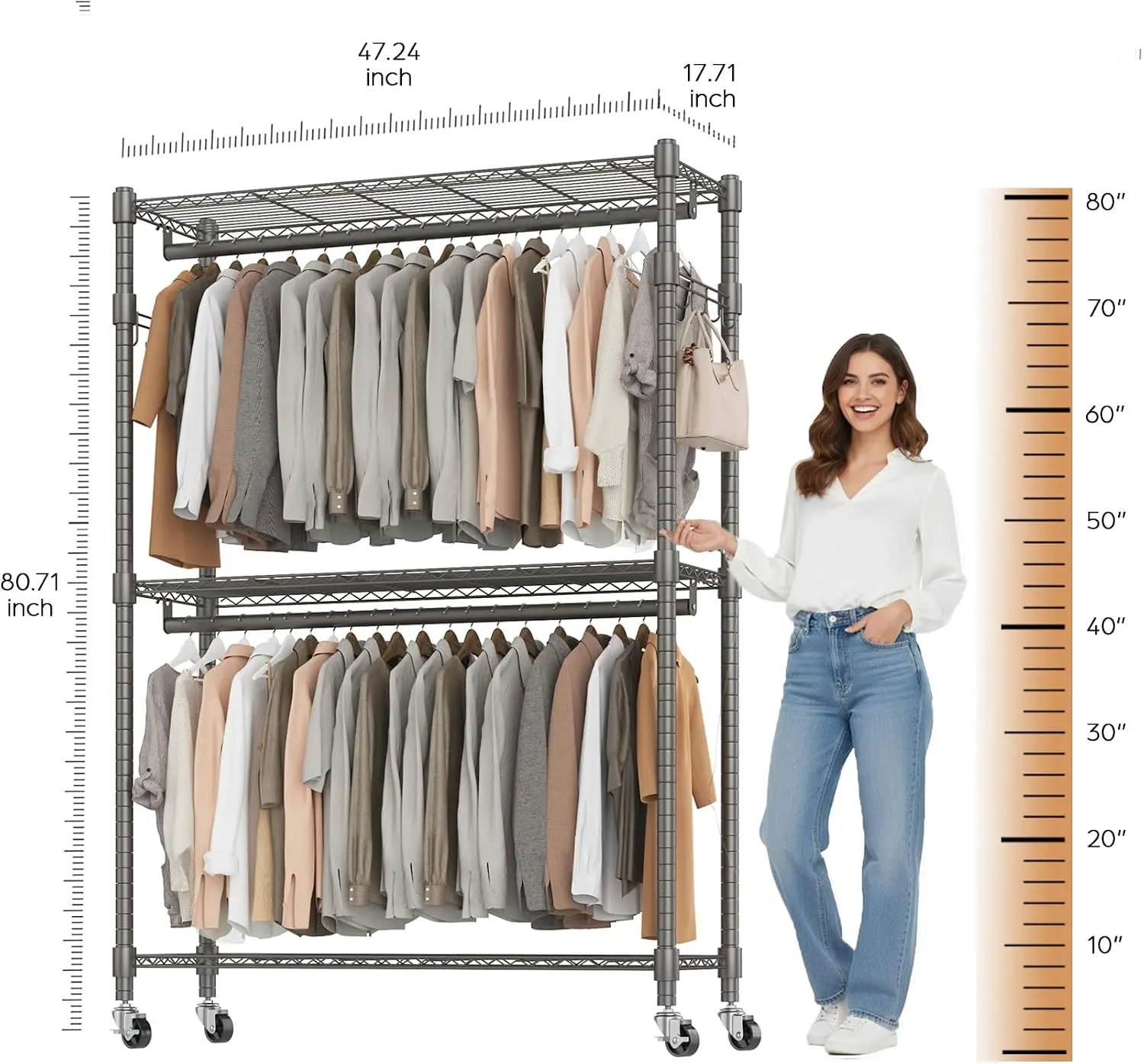47.3"W×17.7"D×80.7"H Heavy-Duty Rolling Garment Rack with Storage Shelves, 25mm Metal Tube Freestanding Wardrobe Organizer, Mobile Hanging Clothes Rack for Bedroom Laundry Walk-in Closet view 4