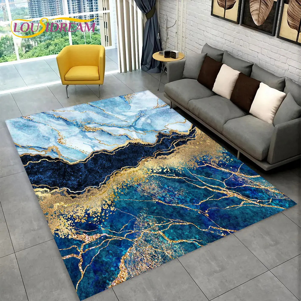 

Nordic Blue Golden Colour Marble Geometric Area Rug,Carpet Rug for Living Room Bedroom Sofa Doormat Decor,Kid Non-slip Floor Mat