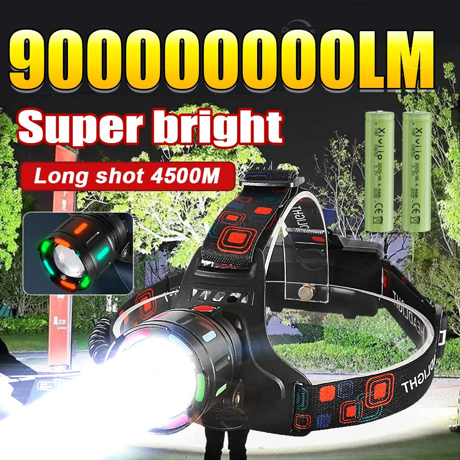 Strong Light LED Headlight 900000000LM Powerful Headlamp Long Shot 4500M Rechargeable Lamp Fluorescent Light Outdoor Fishing