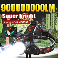 Strong Light LED Headlight 900000000LM Powerful Headlamp Long Shot 4500M Rechargeable Lamp Fluorescent Light Outdoor Fishing