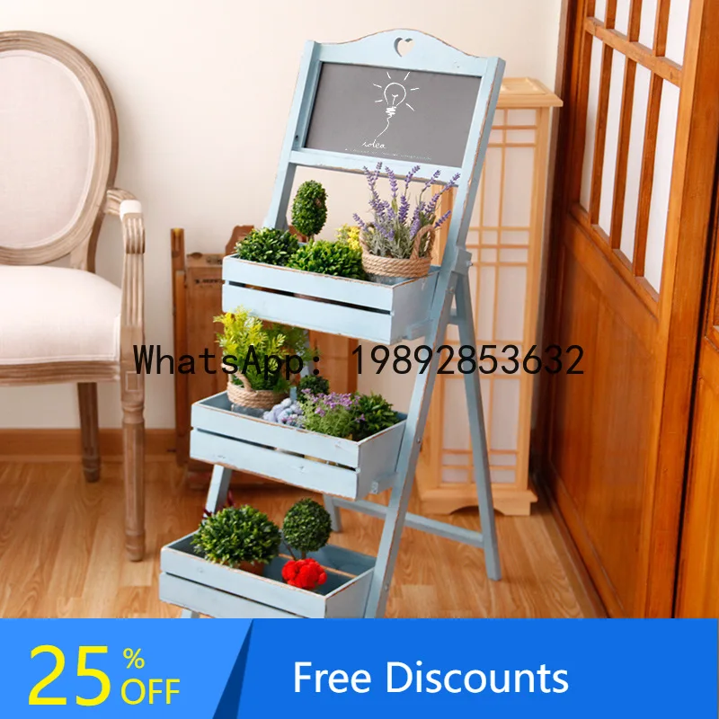 

CZ Vintage Solid Wood Three-Layer Folding Flower Stand Restaurant Window Country Style Ladder Balcony Green Plant Ornament