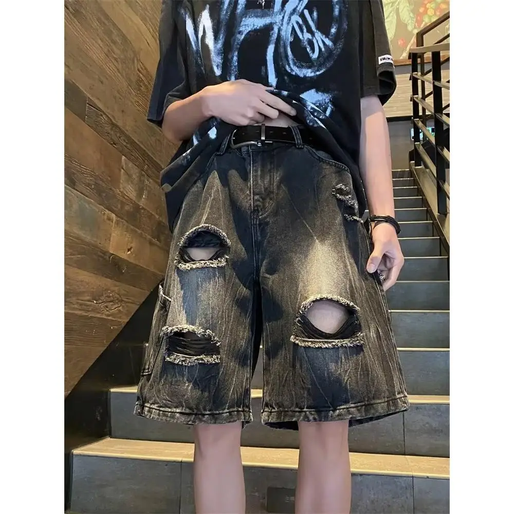 Celana Pendek Denim Robek Celana Lima Kuartal Olahraga Lurus Longgar Serbaguna Pria