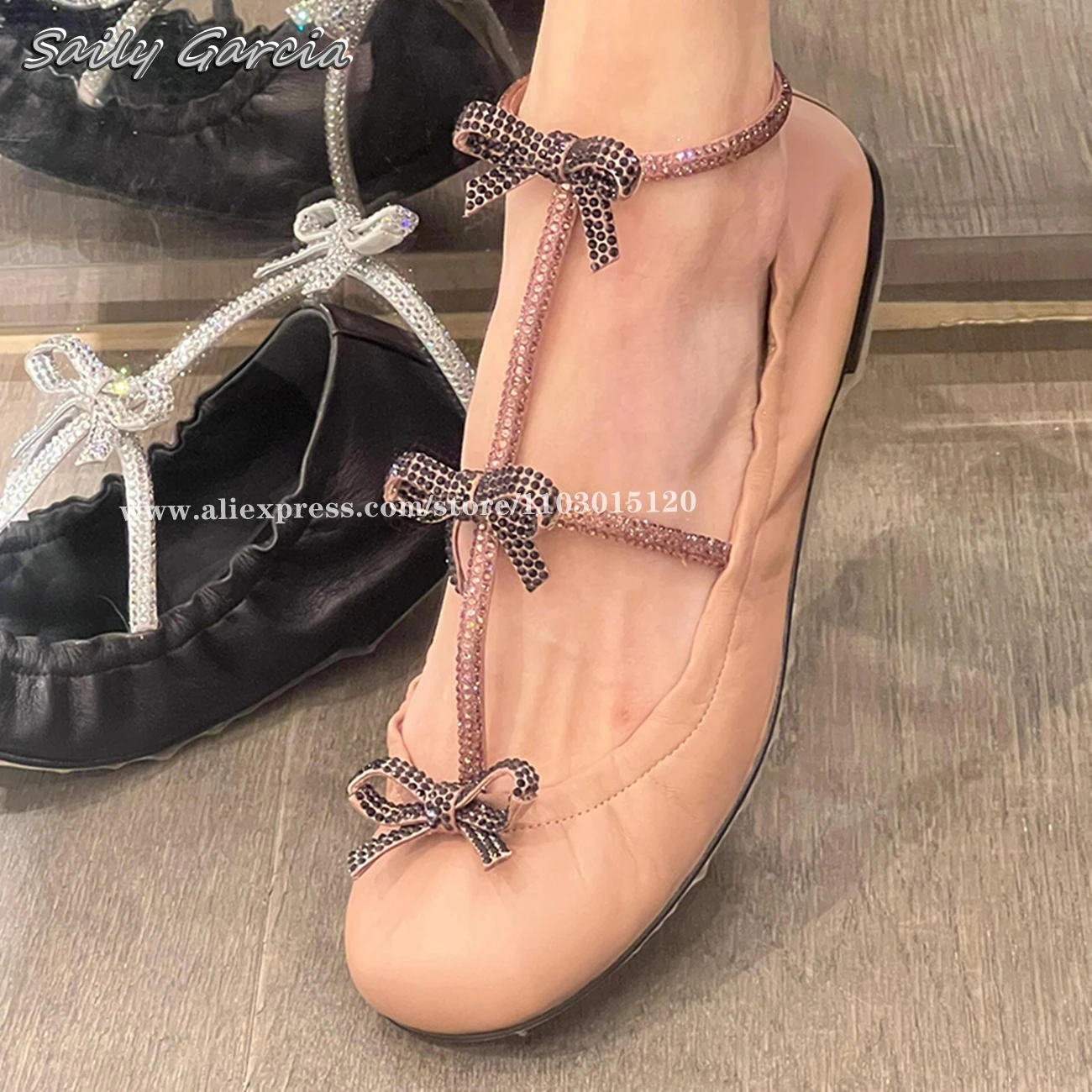 

Genuine Leather Butterfly Knot Crystal Buckle Strap Flats 2024 Summer NEW Luxury Party Ballet Flats Round Toe Shallow Grace Shoe