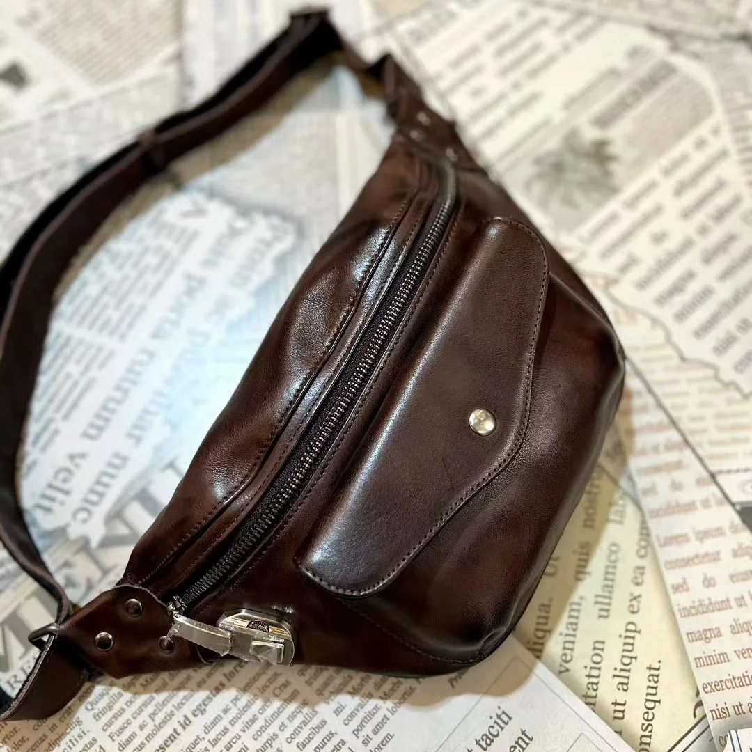 Riñonera multifuncional de primera capa de cuero de vaca, riñonera Vintage de cuero genuino para el pecho, bolso de un solo hombro o cruzado para niños