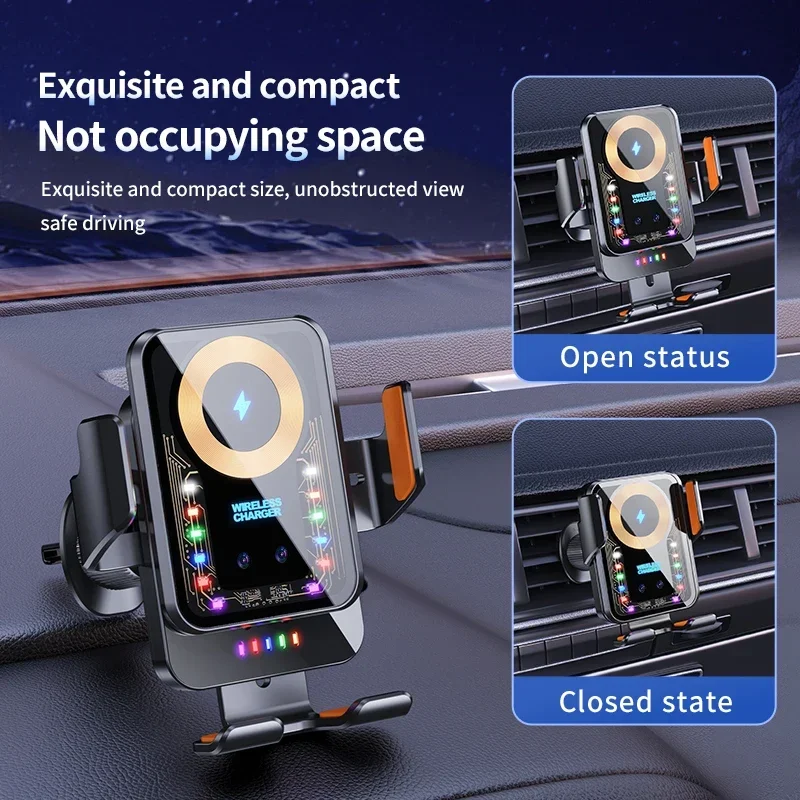 ที่วางโทรศัพท์ในรถยนต์พร้อมไฟบรรยากาศชาร์จไร้สาย 15W ที่วางโทรศัพท์ในรถยนต์สำหรับไอโฟน 12 13 14 15 โปรแม็กซ์ หัวเว่ย ซัมซุง