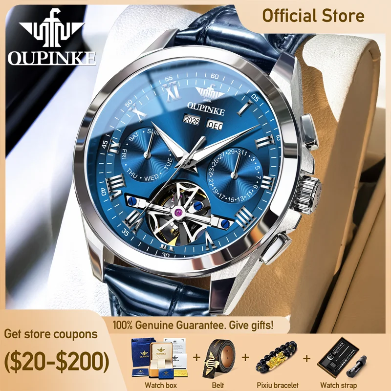 OUPINKE 3281 Top Luxury Men Watch Sapphire Flywheel Mechanical Movement Leather Strap Calendar Window Luminous Waterproof Watch
